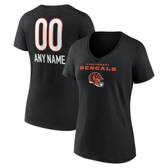 Cincinnati Bengals Women's Personalized Name & Number Team Wordmark V-Neck T-Shirt - Black - NFL