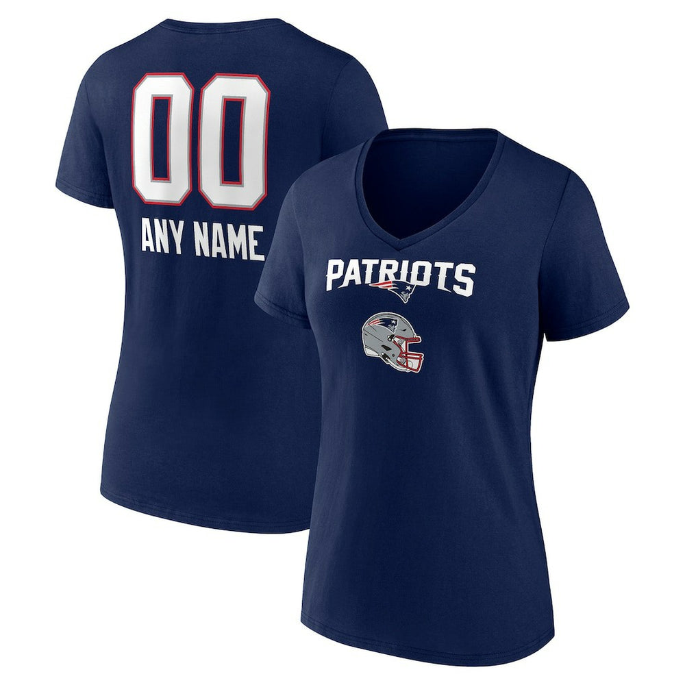 New England Patriots Women's Personalized Name & Number Team Wordmark V-Neck T-Shirt - Navy - NFL