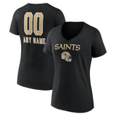 New Orleans Saints Women's Personalized Name & Number Team Wordmark V-Neck T-Shirt - Black - NFL