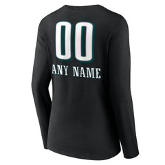 Philadelphia Eagles Women's Personalized Name & Number Team Wordmark Long Sleeve V-Neck T-Shirt - Black - NFL