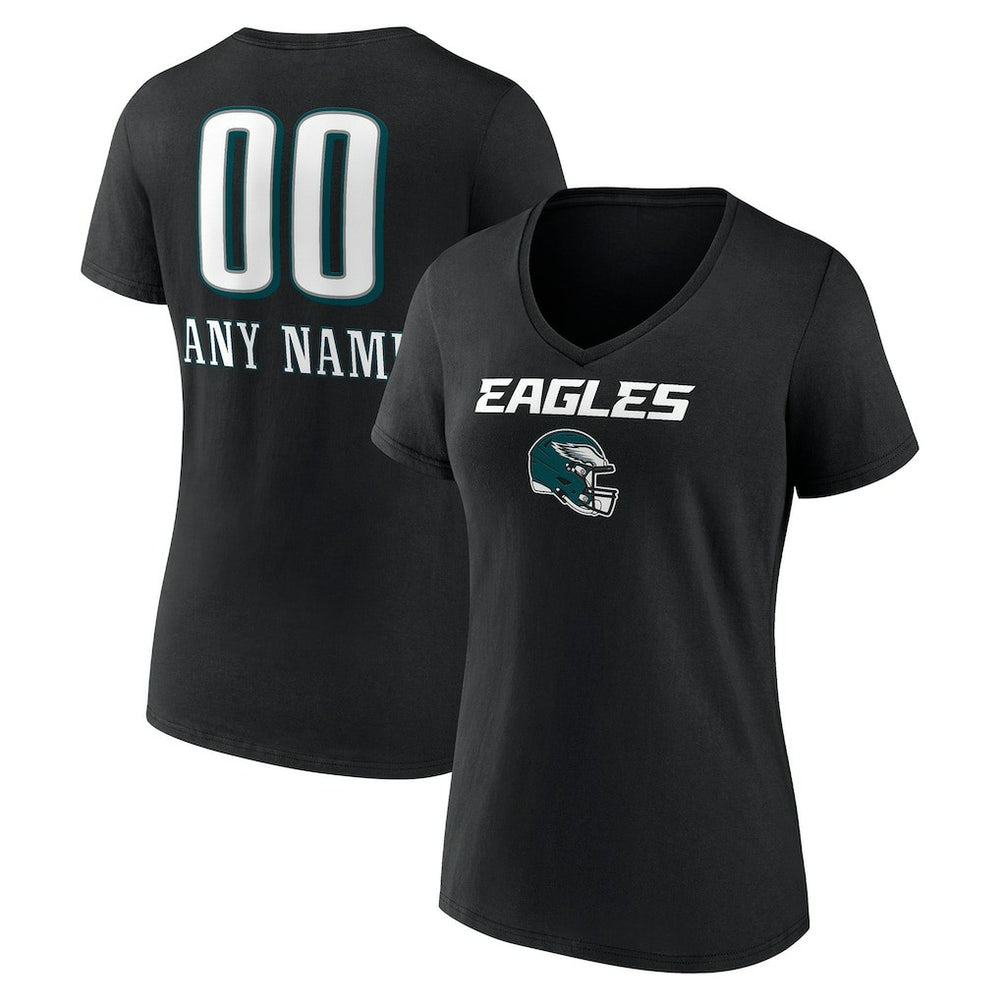 Philadelphia Eagles Women's Personalized Name & Number Team Wordmark V-Neck T-Shirt - Black - NFL