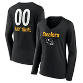 Pittsburgh Steelers Women's Personalized Name & Number Team Wordmark Long Sleeve V-Neck T-Shirt - Black - NFL