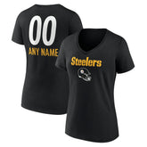 Pittsburgh Steelers Women's Personalized Name & Number Team Wordmark V-Neck T-Shirt - Black - NFL