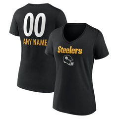 Pittsburgh Steelers Women's Personalized Name & Number Team Wordmark V-Neck T-Shirt - Black - NFL