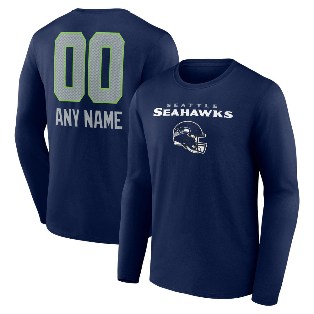 Seattle Seahawks Personalized Name & Number Team Wordmark Long Sleeve T-Shirt - College Navy - NFL