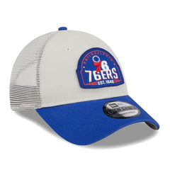 New Era Philadelphia 76ers Throwback Patch Trucker 9FORTY Adjustable Hat Khaki/Royal
