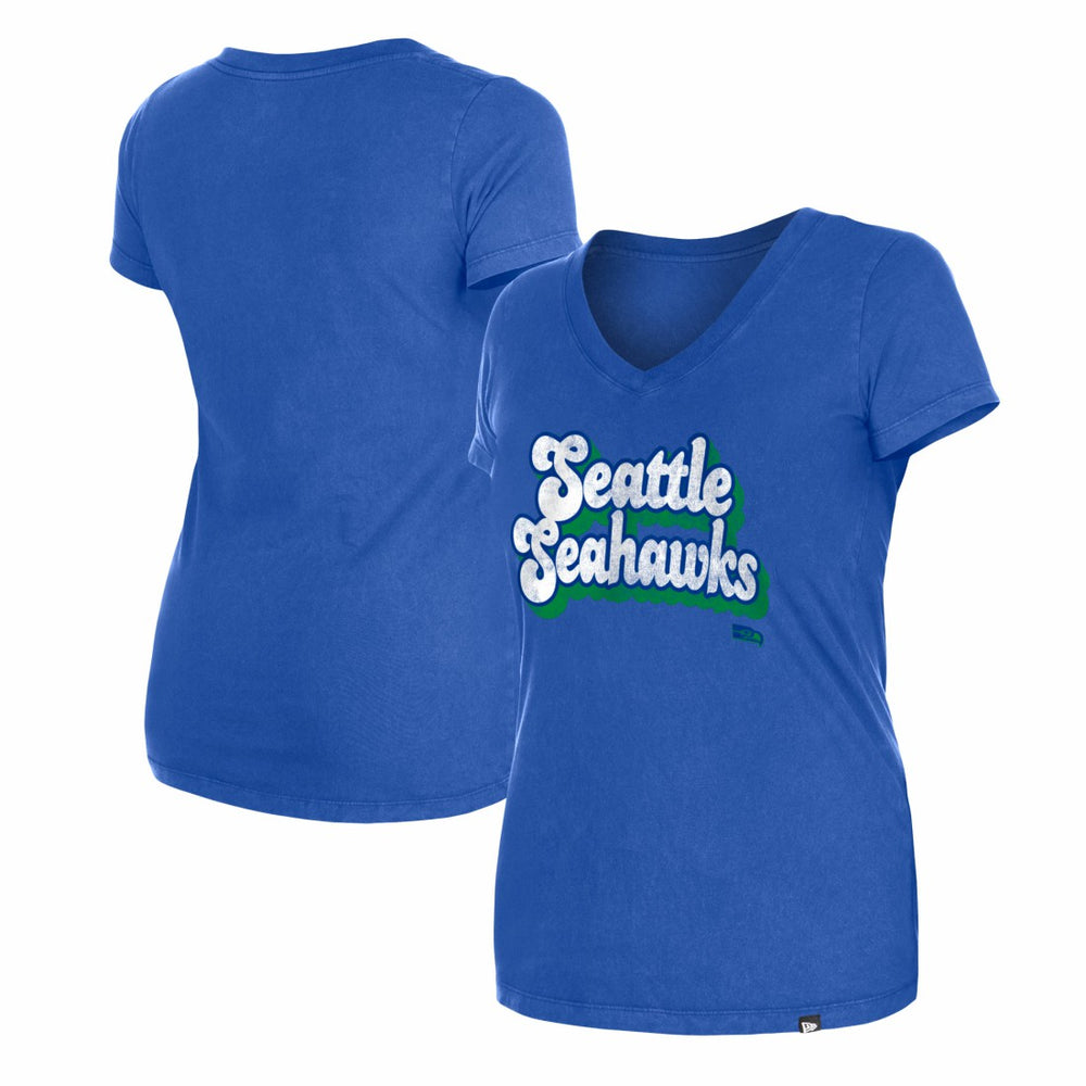 Seattle Seahawks New Era Women's Enzyme Wash Low V-Neck T-Shirt - Royal - NFL