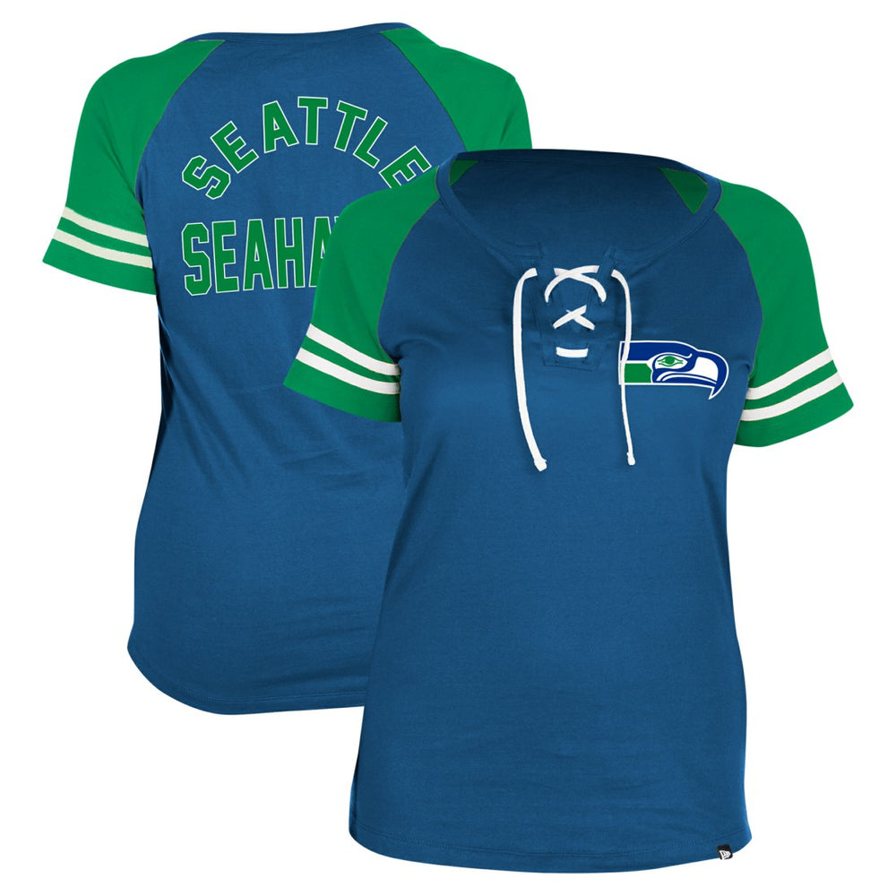 Seattle Seahawks New Era Women's Throwback Lace-Up Raglan T-Shirt - Royal - NFL
