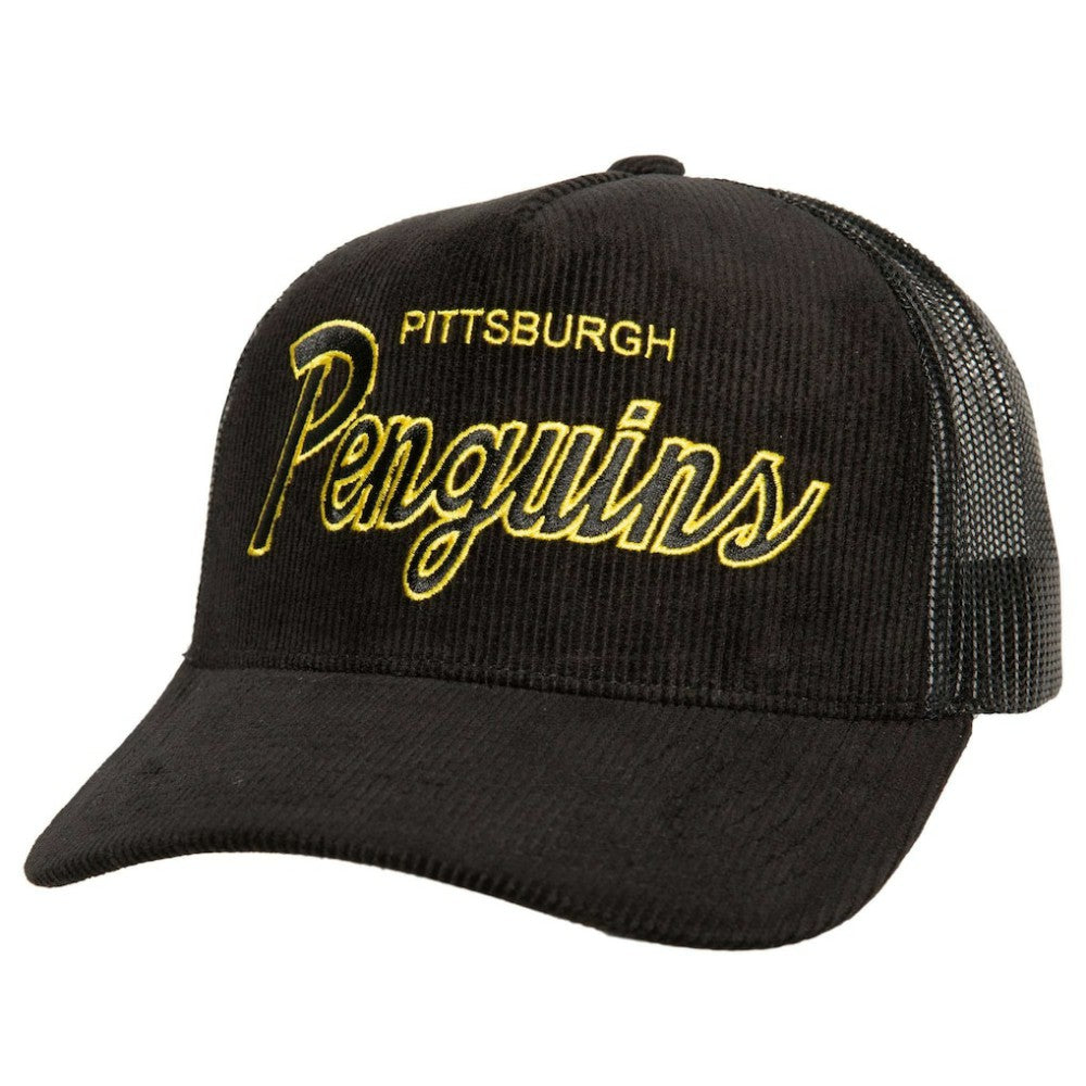 Pittsburgh Penguins Mitchell & Ness Times Up Classic Script Cord Trucker Adjustable Hat - Black | NHL online