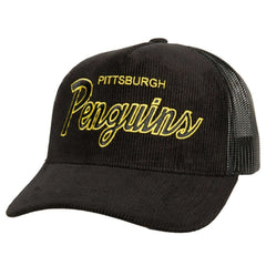 Pittsburgh Penguins Mitchell & Ness Times Up Classic Script Cord Trucker Adjustable Hat - Black | NHL online