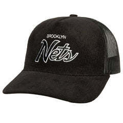 Mitchell & Ness Brooklyn Nets Times Up Classic Script Cord Trucker Hat Black