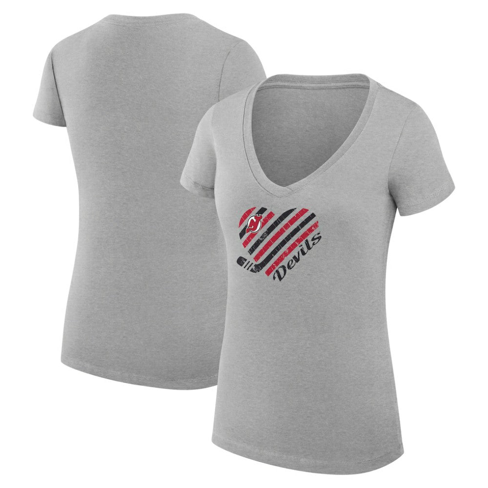 New Jersey Devils G-III 4Her by Carl Banks Women's Super-Slim Fit Lightweight Heart V-Neck T-Shirt - Heather Gray | NHL Clearance