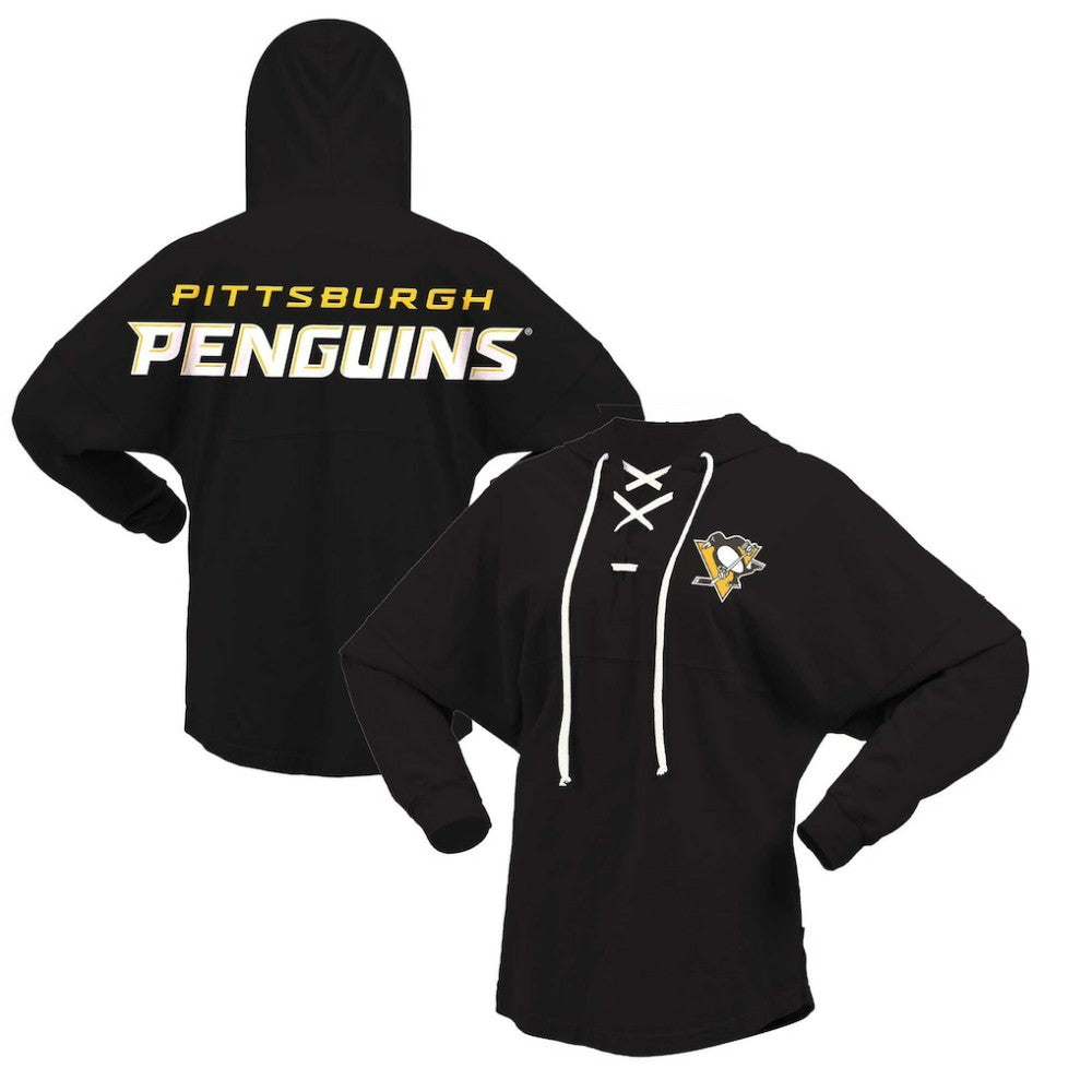 Pittsburgh Penguins Fanatics Women's Jersey Lace-Up V-Neck Long Sleeve Hoodie T-Shirt - Black | Fanatics Clearance