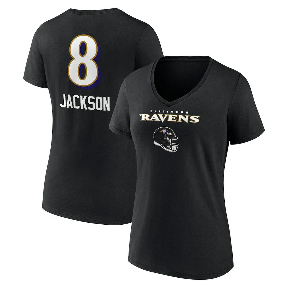 Lamar Jackson Baltimore Ravens Women's Team Wordmark Name & Number V-Neck T-Shirt - Black - NFL