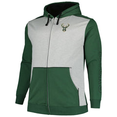 Fanatics Milwaukee Bucks Big & Tall Contrast Pieced Stitched Full-Zip Hoodie Hunter Green/Heather Gray