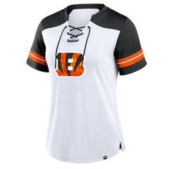 Cincinnati Bengals Women's Foiled Primary Lace-Up T-Shirt - White/Black - Fanatics