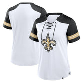 New Orleans Saints Women's Foiled Primary Lace-Up T-Shirt - White/Black - Fanatics