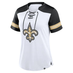 New Orleans Saints Women's Foiled Primary Lace-Up T-Shirt - White/Black - Fanatics