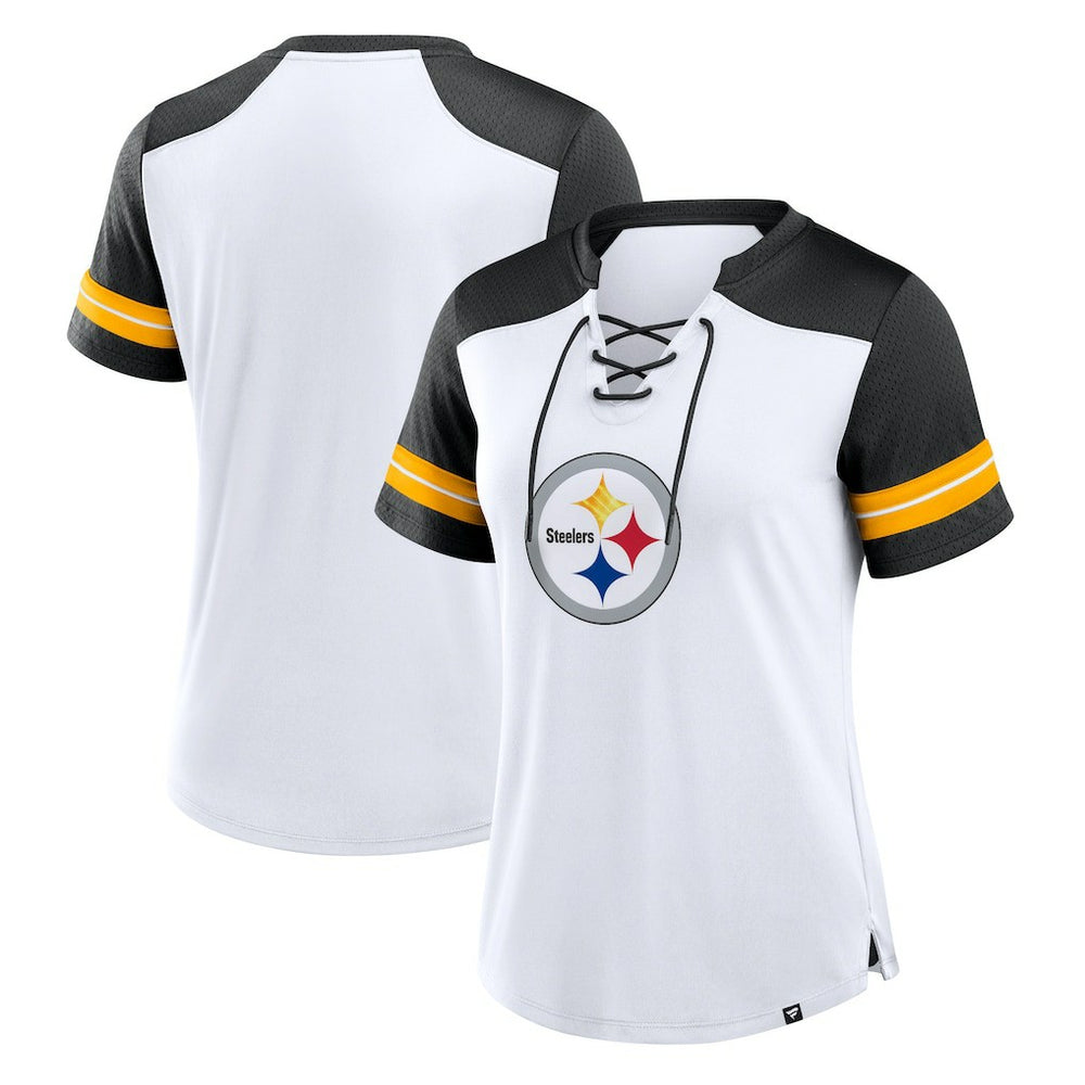 Pittsburgh Steelers Women's Foiled Primary Lace-Up T-Shirt - White/Black - Fanatics