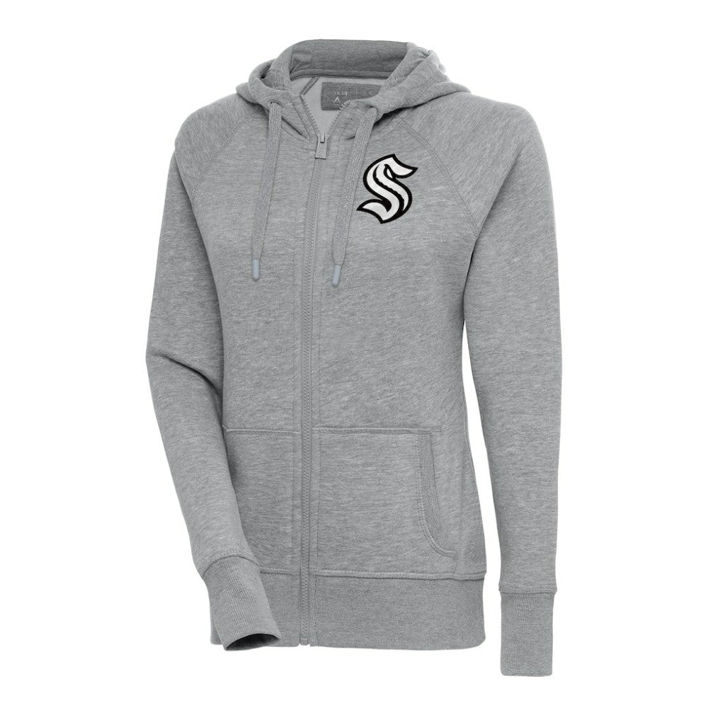 Seattle Kraken Antigua Women's Metallic Logo Victory Full-Zip Hoodie - Heather Gray | NHL Lifestyle