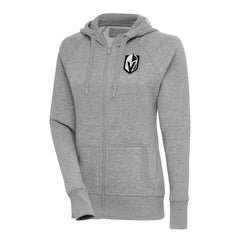 Vegas Golden Knights Antigua Women's Metallic Logo Victory Full-Zip Hoodie - Heather Gray | NHL Clearance