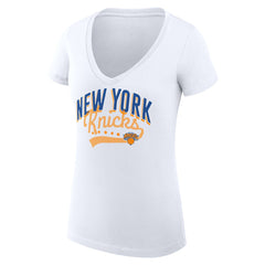 New York Knicks G-III 4Her by Carl Banks Women's Super-Slim Fit Lightweight Filigree Logo V-Neck T-Shirt - White