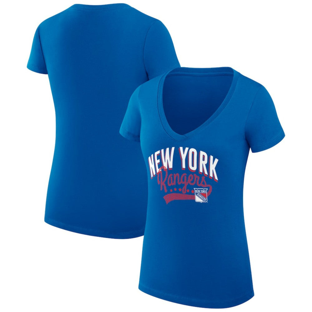 New York Rangers G-III 4Her by Carl Banks Women's Super-Slim Fit Lightweight Filigree Logo V-Neck T-Shirt – Blue | NHL Clearance