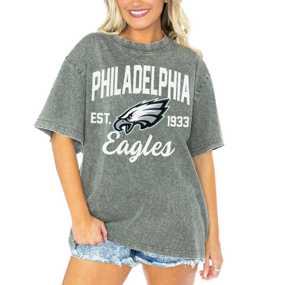 Philadelphia Eagles Gameday Couture Women's Tackle Titan Boyfriend Washed T-Shirt - Gray - NFL