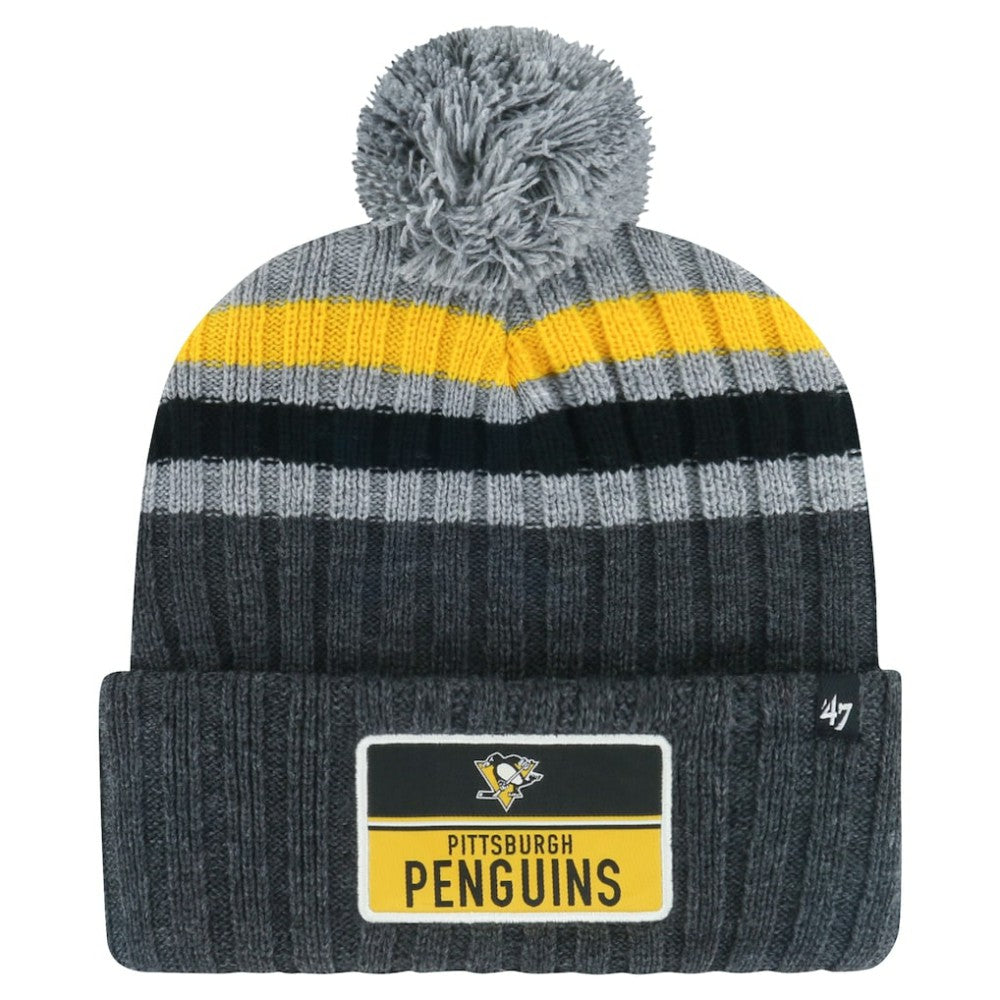 Pittsburgh Penguins '47 Stack Patch Cuffed Knit Hat with Pom - Gray | 47 brand Lifestyle