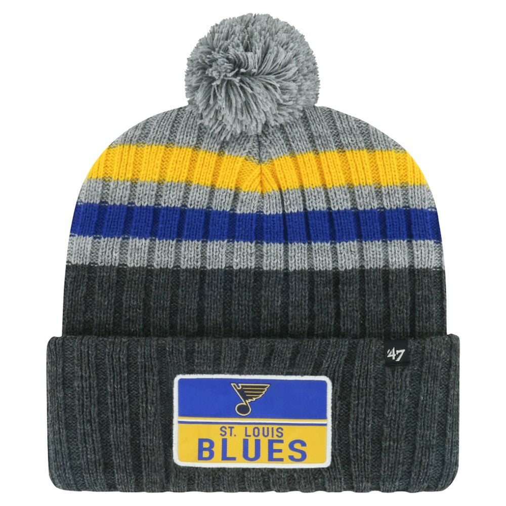 St. Louis Blues '47 Stack Patch Cuffed Knit Hat with Pom - Gray | 47 brand Lifestyle