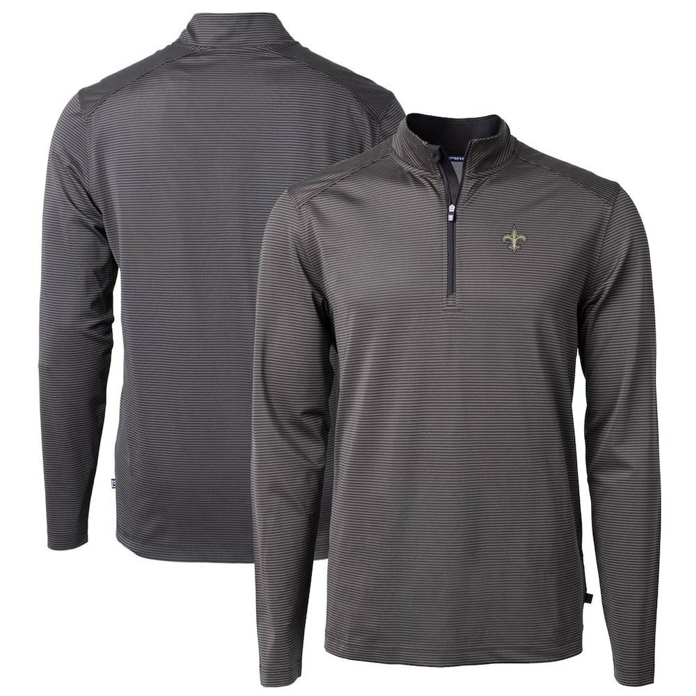 New Orleans Saints Cutter & Buck Virtue Eco Pique Micro Stripe Recycled Quarter-Zip Pullover Top - Black/Gray - NFL
