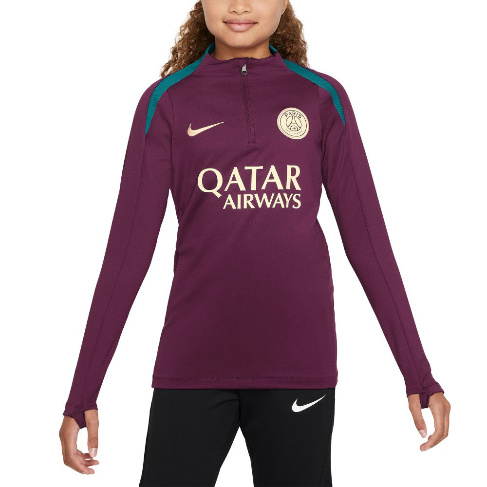 Nike - Paris Saint-Germain Youth 2024/25 Strike Drill Quarter-Zip Long Sleeve Performance Training Top - Burgundy