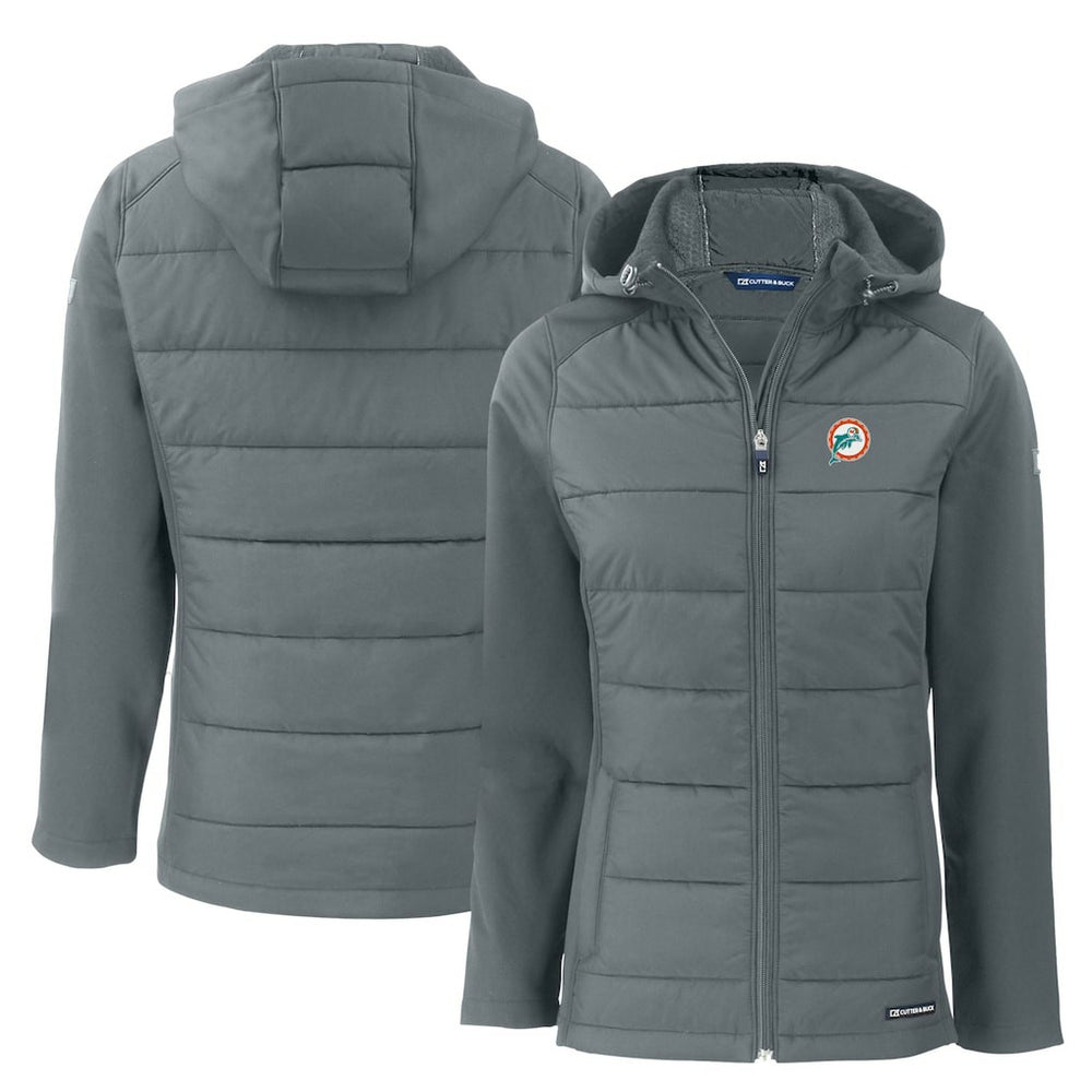 Miami Dolphins Cutter & Buck Women's Throwback Evoke Hybrid Eco Softshell Recycled Full-Zip Hoodie Jacket - Gray - NFL
