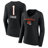 Ja'Marr Chase Cincinnati Bengals Women's Team Wordmark Player Name & Number Long Sleeve V-Neck T-Shirt - Black - NFL