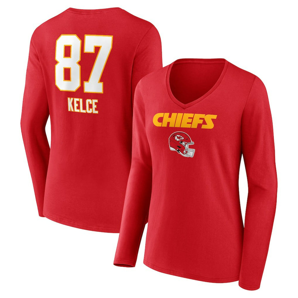 Travis Kelce Kansas City Chiefs Women's Team Wordmark Player Name & Number Long Sleeve V-Neck T-Shirt - Red - NFL
