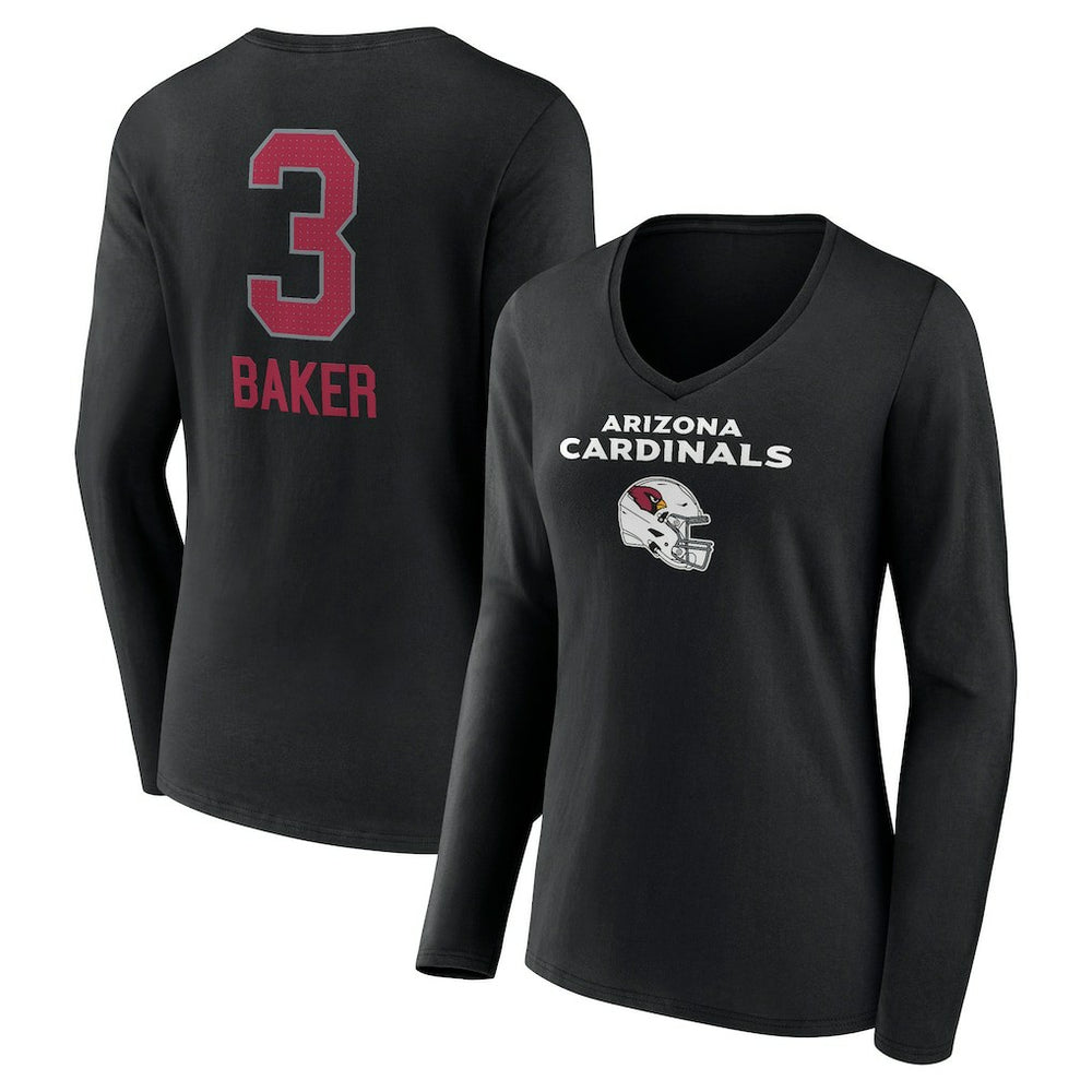 Budda Baker Arizona Cardinals Women's Team Wordmark Player Name & Number Long Sleeve V-Neck T-Shirt - Black - NFL