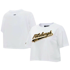 Pittsburgh Penguins Pro Standard Women's Boxy Script Tail Cropped T-Shirt - White | NHL Clearance