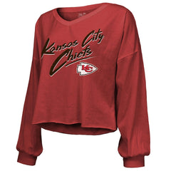 Travis Kelce Kansas City Chiefs Majestic Threads Women's Name & Number Off-Shoulder Script Cropped Long Sleeve V-Neck T-Shirt - Red - NFL