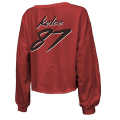 Travis Kelce Kansas City Chiefs Majestic Threads Women's Name & Number Off-Shoulder Script Cropped Long Sleeve V-Neck T-Shirt - Red - NFL