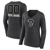 Milwaukee Brewers Women's Personalized Monochrome Name & Number Long Sleeve V-Neck T-Shirt Discount