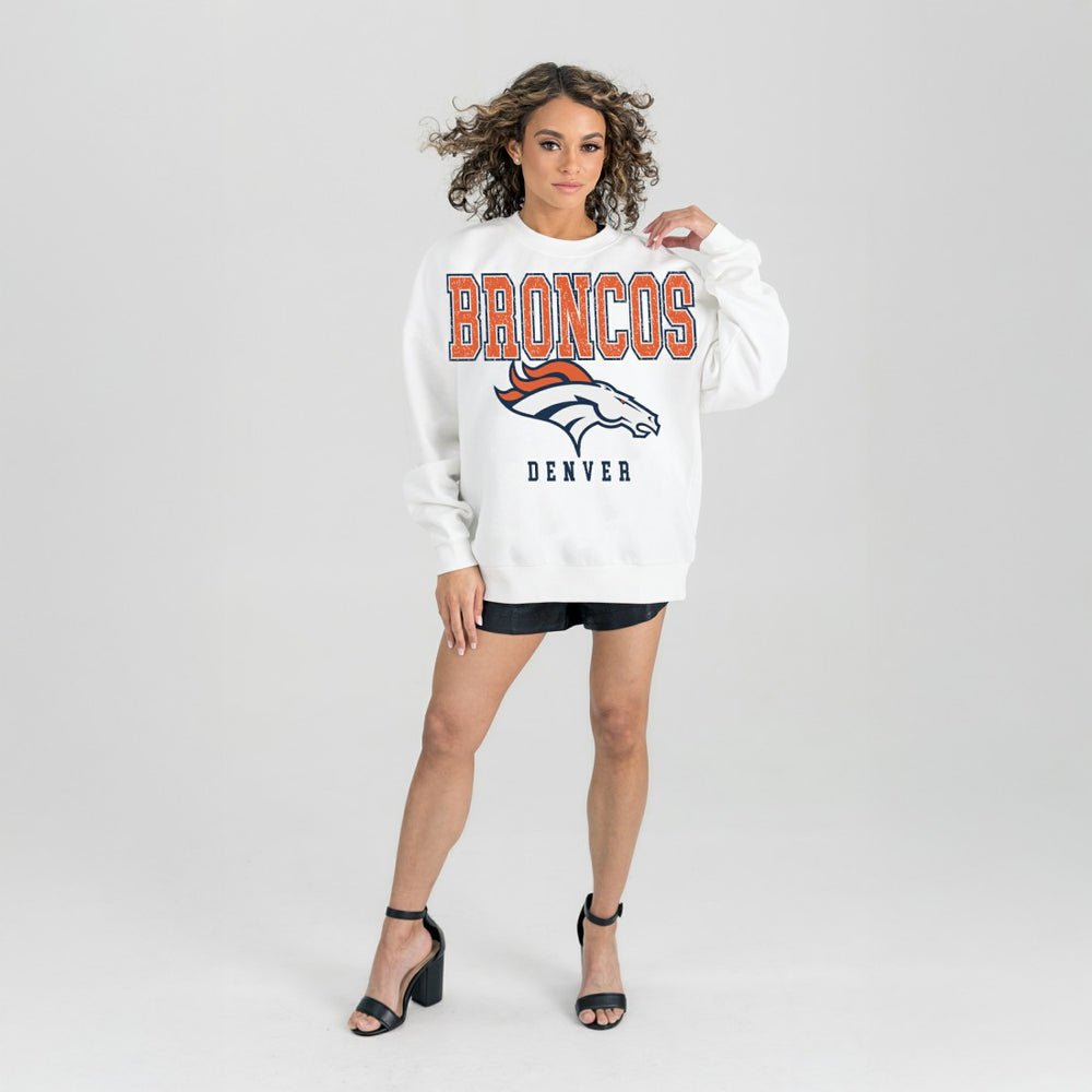 Denver Broncos Gameday Couture Women's Sunday Drives Oversized Crewneck Pullover Sweatshirt – White - NFL