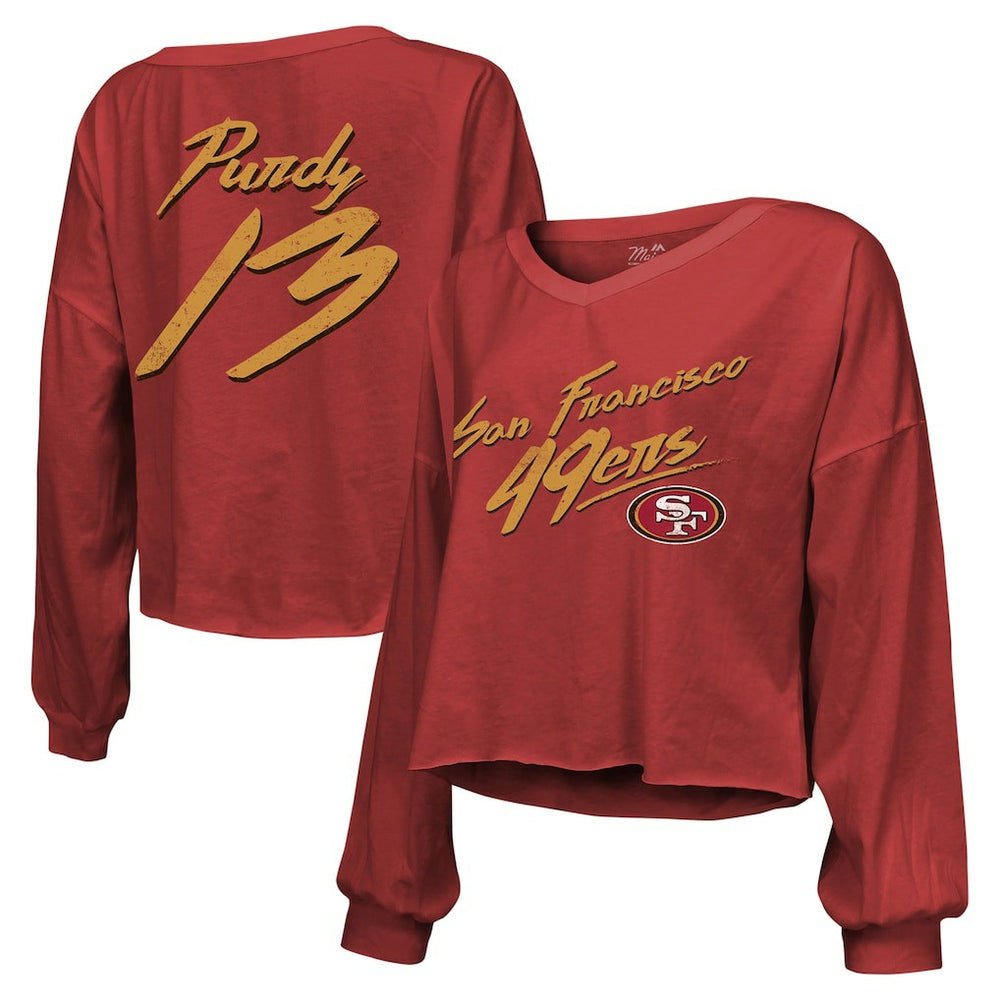 Brock Purdy San Francisco 49ers Majestic Threads Women's Name & Number Off-Shoulder Script Cropped Long Sleeve Relaxed V-Neck T-Shirt - Scarlet - NFL