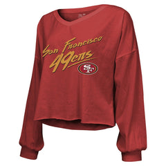 Brock Purdy San Francisco 49ers Majestic Threads Women's Name & Number Off-Shoulder Script Cropped Long Sleeve Relaxed V-Neck T-Shirt - Scarlet - NFL