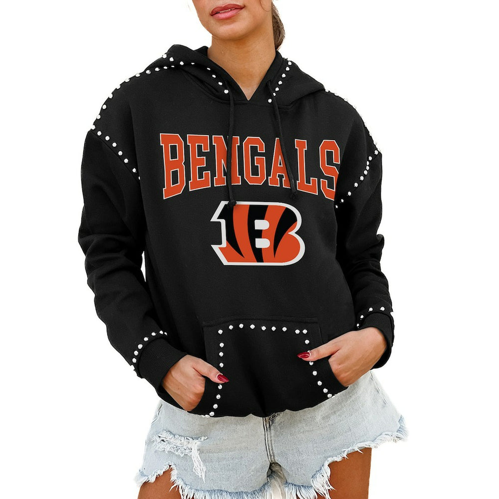 Cincinnati Bengals Gameday Couture Women's Oversized Catch the Vibe Studded Pullover Hoodie - Black - NFL