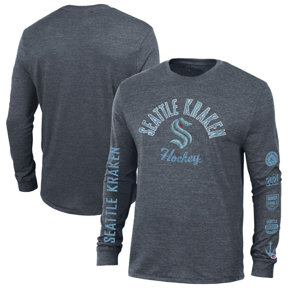 Seattle Kraken Champion Multi-Logo Tri-Blend Long Sleeve T-Shirt - Heather Navy | NHL Clearance