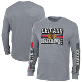 Chicago Blackhawks Champion Tri-Blend Dual-Stripe Long Sleeve T-Shirt - Heather Gray | NHL Lifestyle