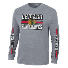Chicago Blackhawks Champion Tri-Blend Dual-Stripe Long Sleeve T-Shirt - Heather Gray | NHL Lifestyle