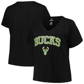 Milwaukee Bucks Profile Women's Plus Size Arch Over Logo V-Neck T-Shirt Black