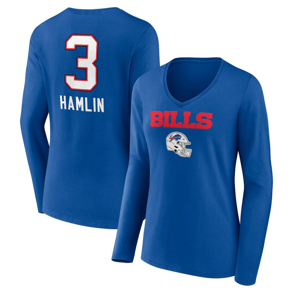 Damar Hamlin Buffalo Bills Women's Team Wordmark Player Name & Number Long Sleeve V-Neck T-Shirt - Royal - NFL