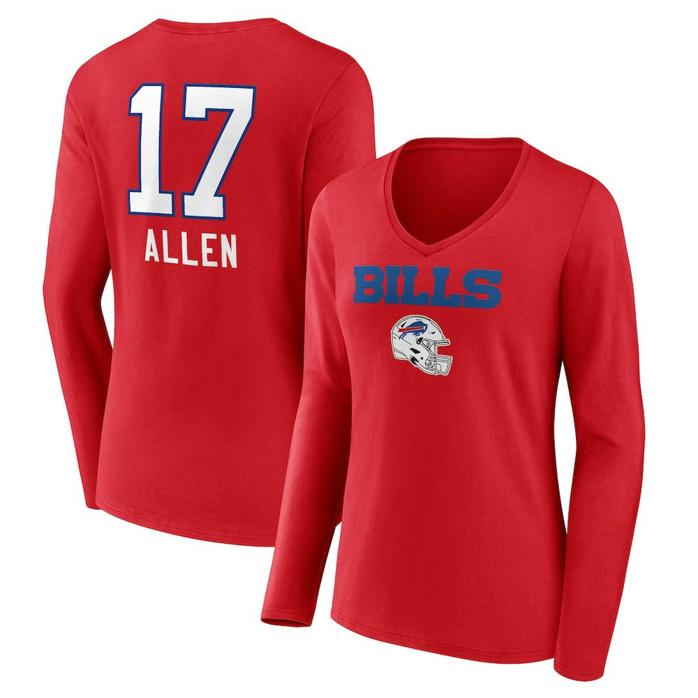 Josh Allen Buffalo Bills Women's Team Wordmark Player Name & Number Long Sleeve V-Neck T-Shirt - Red - NFL
